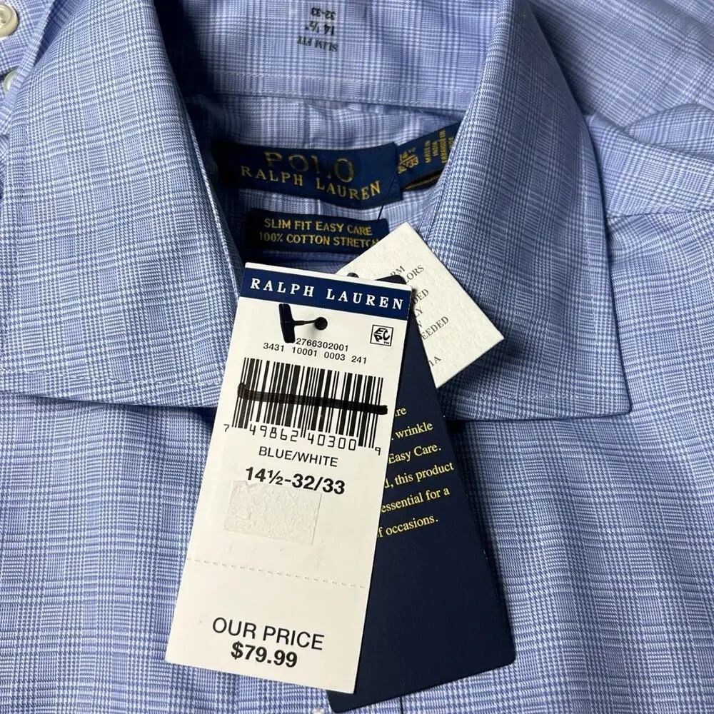 NWT‎ Polo Ralph Lauren Slim Fit Easy Care Button Up Plaid Blue Shirt 14.5 32/33